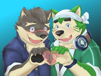 anthro collaborative collaborative_gesture collaborative_heart_gesture duo electronics eyebrows fingers fur gesture green_body green_fur grey_body grey_fur headphones headphones_around_neck heart_gesture heart_symbol kerchief male male/male male_anthro pawpads scar thick_eyebrows nothregal lifewonders live_a_hero tokyo_afterschool_summoners mokdai moritaka_(tas) canid canine canis domestic_dog mammal