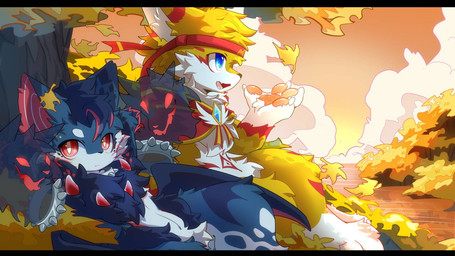 anthro big_eyes black_bars blue_body blue_eyes blue_fur chest_horn duo fur kemono kerchief looking_at_viewer male pawpads pink_pawpads red_eyes red_kerchief sitting sitting_on_ground slim_anthro slim_male white_body white_fur yellow_body yellow_fur hlg7777 2023 letterbox