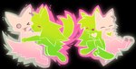 ambiguous_gender blue_body blue_fur blush blush_stickers duo ear_piercing ear_ring eyeless feral fur glowing green_body green_fur heart_symbol hug open_mouth open_smile pawpads paws piercing pink_body pink_eyes pink_fur ring_piercing smile tongue tongue_out conditional_dnp labbit_(artist) garn47 the_unpleasant_gradient car_(garn47) domestic_cat felid feline felis mammal spirit