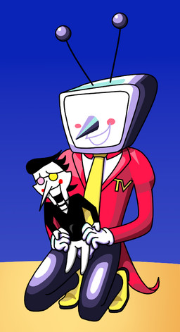 abdominal_bulge ambiguous_gender anal anal_penetration antennae_(anatomy) blush clothed clothing dominant duo electronics eyewear for_a_head glasses gloves handwear holding_another kneeling larger_dom male necktie penetration screen screen_face simple_background size_difference smile television three_piece_suit redcrystal deltarune undertale_(series) spamton_g._spamton tenna_(deltarune) darkner humanoid object_head screen_head tv_head