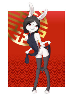 anthro asian_clothing black_hair braces breasts chinese_clothing chinese_dress clothed clothing clothing_lift digitigrade dress dress_lift east_asian_clothing female footwear fur genitals hair legwear loli looking_at_viewer panties panties_down partially_clothed pattern_background red_eyes short_hair simple_background skimpy skimpy_dress slim small_breasts smile smug smug_face smug_grin solo thigh_gap thigh_highs toeless_footwear underwear underwear_down vulva white_body white_fur young young_anthro young_female ghosthoof lagomorph leporid mammal rabbit 3:4 absurd_res hi_res