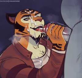 bodily_fluids clothing cum cum_in_mouth cum_inside cum_on_face duo genital_fluids genitals handjob humanoid_genitalia humanoid_penis jacket licking looking_at_another looking_at_partner looking_up male male/male oral penile penis penis_lick scar sex shirt tongue tongue_out topwear vhkansfweer rimba_racer mr._king_(rimba_racer) riq_(rimba_racer) common_hippopotamus felid hippopotamid mammal pantherine tiger 2023 absurd_res hi_res