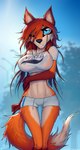 abs anthro big_breasts big_eyes blue_eyes bottomwear breasts canid canine cassandra_(tailsrulz) clothing crop_top female fluffy fluffy_tail fox fur hair hi_res hotpants light long_hair macmegagerc mammal open_mouth orange_body orange_fur orange_hair pasties red_body red_fur red_hair shirt shorts skinny_female slim solo sunlight tail tall tape text text_on_clothing thigh_gap topwear translucent translucent_clothing translucent_topwear white_body white_fur