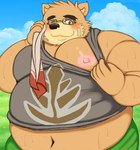 anthro belly blush bodily_fluids bottomwear clothing cloud detailed_background eyewear glasses humanoid_hands kemono male moobs navel nipples obese obese_male outside overweight overweight_male pants shirt solo sweat topwear towel marumori0619 lifewonders tokyo_afterschool_summoners tink volos_(tas) bear mammal 2021