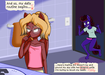 angry anthro blush clothed clothing duo eyebrows eyelashes eyewear female fingers glasses grin hair holding_object imminent_rape imminent_sex inside secretly_loves_it shirt smile strapon tank_top text topwear wings young anibaruthecat hasbro my_little_pony mythology arc_comet_(stormybolt) fan_character polar_wind_(stormybolt) equid equine mammal mythological_creature mythological_equine pegasus 2025 absurd_res digital_media_(artwork) english_text hi_res inbred_(lore) sibling_(lore) sister_(lore) sisters_(lore)