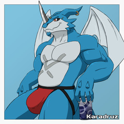 anthro beard blue_background blue_body border bulge clothed clothing dad_body ear_piercing facial_hair jockstrap jockstrap_only leaning leaning_backward looking_away male membrane_(anatomy) membranous_wings musclegut muscular muscular_male piercing ring_piercing simple_background smile solo standing topless underwear underwear_only white_border wings karadruz_(glitchrift) bandai_namco digimon digimon_(species) exveemon humanoid 1:1 absurd_res hi_res