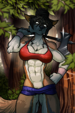 abs anthro axe bikini bikini_top black_hair bottomwear breasts chest_tuft clothing female hair looking_at_viewer melee_weapon muscular muscular_anthro muscular_female outside plant shorts solo swimwear tree tuft two-piece_swimsuit weapon azaleesh canid canine canis mammal wolf