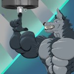 anthro big_biceps big_muscles big_teeth dumbbell exercise male multicolored_eyes muscular raised_finger solo strength teeth two_tone_eyes weightlifting weights workout seinki canid canine canis mammal wolf 1:1 hi_res