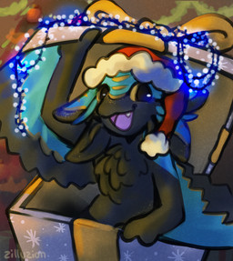 anthro black_body black_feathers blue_body blue_feathers box christmas_clothing christmas_headwear christmas_tree clothing container ear_markings facial_markings feather_markings feathers female forehead_markings freckles hat head_markings headgear headwear holidays in_box in_container looking_at_viewer markings opening_box pink_mouth plant present_box santa_hat smile smiling_at_viewer snaggle_tooth solo speckled speckled_body string_lights tree yellow_bow yellow_eyes yellow_freckles yellow_markings yellow_speckles zilluzion christmas eili_(k'braid) avali absurd_res hi_res