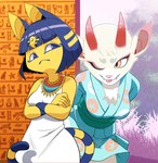 anthro asian_clothing clothed clothing duo east_asian_clothing female fingers fur hair hieroglyphics horn japanese_clothing one_eye_closed tail drawligator animal_crossing nintendo ankha_(animal_crossing) shino_(animal_crossing) deer domestic_cat felid feline felis mammal absurd_res hi_res