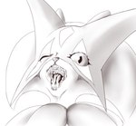 anthro female looking_at_viewer mask mouth_shot one_eye_closed open_mouth solo yawn noconcession nintendo pokemon felid feline generation_9_pokemon mammal meowscarada pokemon_(species) hi_res monochrome