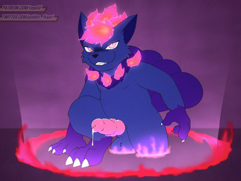 animal_genitalia animal_penis anthro balls belly bodily_fluids canine_genitalia canine_penis cum erection feet fur genital_fluids genitals knot looking_at_viewer male penis precum simple_background smile solo summoning_circle tail vogold nintendo pokemon canid canine canis fox generation_1_pokemon ghost hybrid mammal pokemon_(species) spirit vulpix 4:3 digital_media_(artwork)