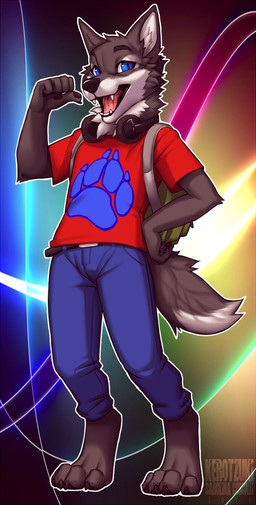 4_toes 5_fingers anthro backpack barefoot belt biped black_lips black_nose blue_eyes bottomwear brown_body brown_fur clothing denim denim_bottomwear denim_clothing digitigrade electronics feet fingers footprint fur headphones headphones_around_neck inner_ear_fluff jeans lips male open_mouth pants pawprint shirt smile solo t-shirt teeth toes tongue topwear tuft kero_tzuki canid canine canis mammal wolf 2016