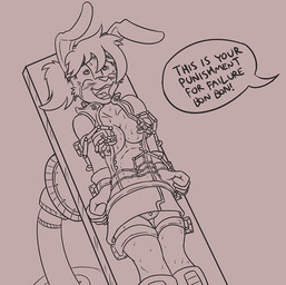 anthro blush blush_lines bodily_fluids bon_bon_the_rabbit bound breasts clothed clothing crying_laughing cuff_(restraint) dialogue female furniture hair laugh nipples offscreen_character open_clothing open_topwear panties panty_shot ponytail punishment restraints robotic_arm solo speech_bubble submissive submissive_anthro submissive_female table tears tears_on_cheek tickle_torture tickling topwear underwear caroo sega sonic_the_hedgehog_(series) fan_character lagomorph leporid mammal rabbit monochrome