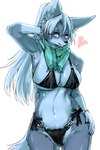 anthro big_breasts bikini black_bikini black_clothing black_nose black_swimwear bracelet breasts camel_toe cheek_tuft claws cleavage clothed clothing eyelashes facial_tuft female female_anthro fingers fur green_scarf grey_body grey_fur hair hand_behind_head hand_on_hip heart_symbol huge_breasts inner_ear_fluff jewelry kemono long_hair looking_at_viewer multicolored_body multicolored_fur navel ponytail purple_eyes scarf side_boob silver_bracelet simple_background smile solo standing swimwear tail tuft two-piece_swimsuit two_tone_body two_tone_fur white_body white_fur white_hair ookamiwaho okami_bark canid canine canis mammal wolf 2:3 digital_media_(artwork) hi_res