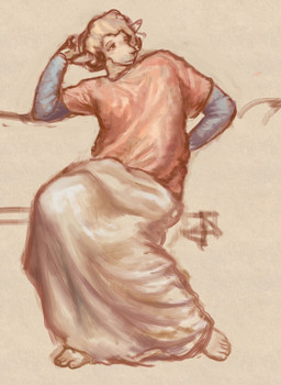 anthro barefoot clothed clothed_anthro clothed_male clothing ears_up eyebrows feet fur horn looking_up male shirt sitting solo topwear wool_(fur) reynard_goodfellow reynard_the_baa bovid caprine mammal sheep hi_res