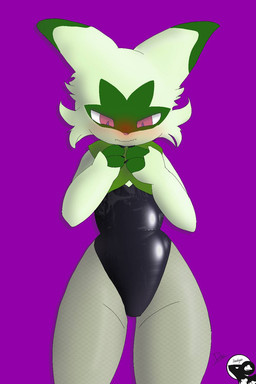 3_fingers anthro biped blush bunny_costume clothing costume embarrassed embarrassed_female female fingers fishnet_clothing fishnet_legwear green_body leather leather_clothing legwear pink_eyes pink_nose shy simple_background solo daetoyin nintendo pokemon floragato generation_9_pokemon pokemon_(species) 2:3 hi_res