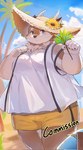 anthro beach belly blue_eyes blush bottomwear brown_body brown_fur bulge clothing flower fur hat headgear headwear male moobs overweight palm_tree plant shorts solo straw_hat sun_hat sunflower tree guantoubaobao tamacolle kazusa deer mammal hi_res