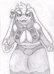 angry anthro bell bottomwear breasts claws cleavage clothed clothing eyewear female fur gesture glasses hand_gesture horn pointing pointing_at_viewer skirt solo vulnec atlyss angela_flux bovid caprine mammal graphite_(artwork) hi_res traditional_media_(artwork)