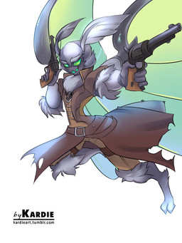 ambiguous_gender anthro clothed clothing gun handgun insect_wings looking_at_viewer open_mouth pistol ranged_weapon smile solo text weapon wide_hips wings kardie arthropod insect lepidopteran moth 3:4 hi_res url