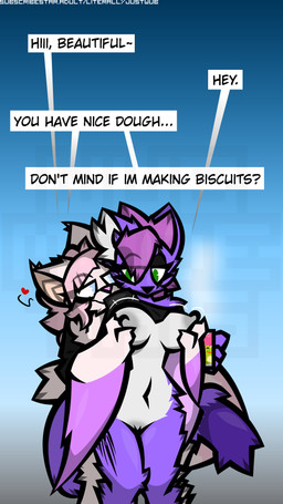 anthro black_nose blue_eyes breast_grab breasts claws container cup dipstick_tail duo emoji eye_through_hair female female/female from_behind_position fur genitals green_eyes hair hand_on_breast heart_symbol holding_object inner_ear_fluff long_tail markings mug neck_tuft nipples pink_hair pink_nose purple_body purple_fur sex smile smirk tail tail_markings tattoo text translucent translucent_hair tuft vulva white_body white_fur winged_arms wings wub_(artist) betilla_zanders_(wub) charlotte_valentine_(deaniealaska) amphibian bat domestic_cat felid feline felis frog hybrid mammal 9:16 english_text hi_res url watermark