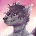 anthro blue_eyes brown_hair closed_smile fur grey_body grey_fur hair heterochromia male messy_hair mouth_closed red_eyes short_hair smile solo riorix derion canid mammal 1:1 bust_portrait hi_res portrait