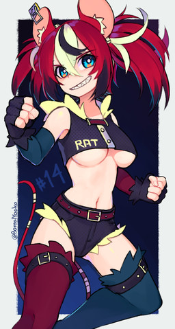black_highlights blue_eyes bottomwear breasts clothed clothing d6 dice female fingerless_gloves fist gloves hair handwear highlights_(coloring) inner_ear_fluff navel open_mouth red_hair shorts smile smirk solo teeth text text_on_clothing text_on_topwear topwear tuft under_boob white_highlights yoako hololive hololive_en vtuber hakos_baelz animal_humanoid humanoid mammal murid murine rat rodent hi_res