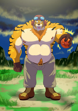 anthro aviator_cap belly belt black_body black_fur body_hair boots bottomwear bulge chest_hair chest_tuft clothing dragon_ball_(object) eyewear footwear fur gloves goggles handwear happy_trail male musclegut muscular muscular_male nipples open_mouth pants pecs sharp_teeth shoes slightly_chubby slightly_chubby_male solo striped_body striped_fur stripes teeth tuft white_body white_fur yellow_body yellow_fur jabuhusky dragon_ball captain_yellow felid mammal pantherine tiger hi_res