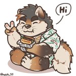 aloha_shirt anthro bottomwear chibi clothing eating eyebrows food gesture hand_gesture male pattern_clothing pattern_shirt pattern_topwear sandwich_(food) shirt shorts sitting solo thick_eyebrows topwear v_sign noichi_53 lifewonders live_a_hero sterio canid canine canis domestic_dog mammal 1:1