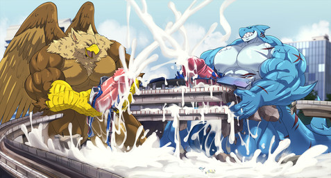 5_fingers abs anthro balls beak biceps big_muscles big_penis biped blue_body bodily_fluids brown_body brown_fur building building_destruction building_penetrated building_sex city city_background city_destruction cityscape claws crush cum cum_flooding cumshot destruction duo ejaculation erection excessive_cum excessive_genital_fluids feathered_wings feathers finger_claws fingers fur genital_fluids genitals house humanoid_genitalia humanoid_penis hyper hyper_cum landscape_dwarfing macro macro_anthro macro_male male masturbation muscular muscular_anthro muscular_male nude open_mouth outside pecs penetration penile penis public_transportation railway_track rapid_transit scar sky smile station tail train vehicle vehicle_destruction vein veiny_penis wings crimsonrabbit mythology carpo avian fish gryphon marine mythological_avian mythological_creature shark hi_res
