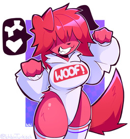 anthro black_nose blue_clothing blue_legwear blue_thigh_highs bone_symbol bottomless breasts clenched_teeth clothed clothing exposed_thighs female fur hair hair_over_eye heart_symbol hoodie hoodie_only legwear long_hair raised_arms red_body red_clothing red_ears red_fur red_hair red_legwear red_tail red_thigh_highs smile solo standing stockings tail teeth teeth_showing thigh_highs topwear topwear_only white_clothing white_hoodie white_legwear white_thigh_highs white_topwear writing_on_hoodie ichbinturkisch animal_humanoid canid canid_humanoid canine canine_humanoid canis dog_humanoid domestic_dog humanoid mammal mammal_humanoid absurd_res hi_res