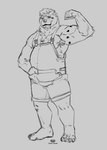 barefoot clothed clothing feet flexing hand_in_pocket looking_at_viewer male overalls pockets shortalls simple_background smile standing white_background johnfreak bear mammal absurd_res hi_res monochrome sketch