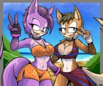 anthro beach bikini choker clothing duo female female/female gesture hand_gesture jewelry necklace pattern_bikini pattern_clothing pattern_swimwear polka_dot_bikini red_eyes romantic romantic_couple sarong striped_bikini striped_clothing striped_swimwear stripes swimwear two-piece_swimsuit v_sign haiiroslash bre_the_kangaroo_(sonic_oc) fan_character lexus_the_doberman_(sonic_oc) 6:5 hi_res