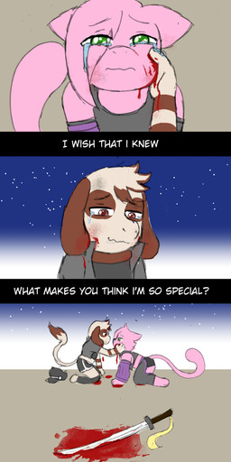 blood blood_on_face bodily_fluids caressing_face crying duo green_eyes holding_back_tears melee_weapon pink_body stroking_face sword tail tail_tuft tears text tuft weapon nintendo pokemon flin_(fokkorev) kye_(fokkorev) generation_1_pokemon generation_2_pokemon legendary_pokemon mew_(pokemon) pokemon_(species) smeargle absurd_res comic english_text hi_res