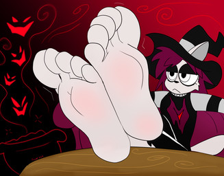 alternative_fashion barefoot blank_expression blank_stare clothing crossed_legs eyeliner feet female foot_fetish foot_focus goth hat headgear headwear humanoid_feet lounging magic magic_user makeup plantigrade sitting toes witch witch_hat frozarcold hi_res