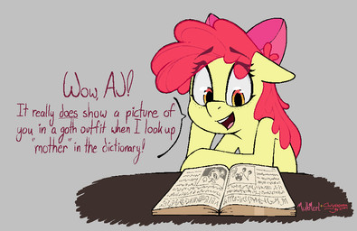 book dialogue elbow_on_table female implied_incest reading reading_book solo talking_to_another text young chrysopoeia_(artist) mulbmerl friendship_is_magic hasbro my_little_pony apple_bloom_(mlp) earth_pony equid equine horse mammal pony english_text hi_res