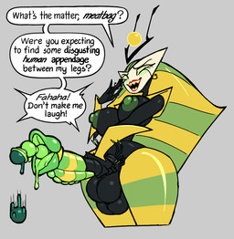 areola balls big_breasts big_penis black_balls black_breasts breasts dialogue egg genitals green_areola green_nipples grey_background grin gynomorph intersex lipstick machine makeup multi_balls multi_genitalia multicolored_body nipples ovipositor penis sharp_teeth simple_background smile smug smug_face solo speech_bubble teeth text azai my_life_as_a_teenage_robot nickelodeon vexus humanoid robot robot_humanoid english_text