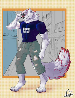 anthro big_bulge biped bottomwear bulge clothed clothing detailed_bulge digitigrade eyewear fur glasses hair huge_bulge looking_at_viewer male male_anthro muscular muscular_anthro pants pose red_hair shirt solo topwear torn_bottomwear torn_clothing torn_pants white_body white_fur vansifoxarts mythology whiteskill_family dylan_whiteskill_(thatwereboy) canid canine mammal mythological_canine mythological_creature werecanid werecanine werecreature werewolf absurd_res hi_res pinup