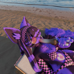 anthro beach big_breasts bikini birthmark black_body black_fur black_hair bra breasts choker clothing clover_(plant) clover_leaf cocksicle eyewear female food fur fur_markings glasses hair headgear headwear heart_(marking) heart_symbol jewelry leaf markings missing_texture multi_tail necklace panties plant popsicle purple_body purple_fur purple_hair sand solo sunglasses swimwear tail two-piece_swimsuit underwear water burtrevolution deadrevolution_(burtrevolution) canid canine fox mammal 1:1 3d_(artwork) absurd_res blender_(artwork) digital_media_(artwork) hi_res