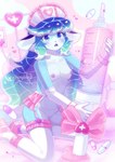 anthro areola biped black_nose blue_body blue_eyes blue_hair breasts clothing countershade_face countershade_torso countershading cross female footwear front_view gloves hair handwear hat headgear headwear high_heels holding_object kneeling legwear long_hair mostly_nude multicolored_body nipples nurse_clothing nurse_hat nurse_headwear open_mouth red_clothing red_footwear red_high_heels shoes small_breasts solo stockings syringe tongue two_tone_body uniform vulva white_body white_clothing white_countershading white_gloves white_handwear white_legwear white_stockings sunnynoga canid canine canis domestic_dog hybrid mammal marine 2025 hi_res