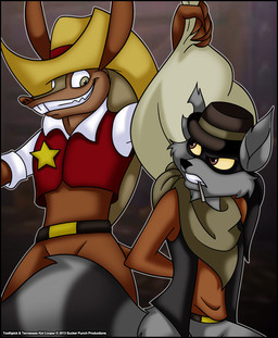 anthro arms_tied_behind_back bag bottomless bound brown_body brown_eyes brown_skin buckteeth clenched_teeth clothed clothing cowboy cowboy_hat fluffy fluffy_tail fur grey_body grey_eyes grey_fur grin gun hat headgear headwear holding_bag kerchief long_ears looking_at_another looking_back looking_down male mask money_bag ranged_weapon scales sheriff sheriff_badge shirt smile solo tail tan_body tan_scales teeth topwear vest weapon western yellow_sclera verona7881 sly_cooper_(series) sony_corporation sony_interactive_entertainment sucker_punch_productions tennessee_kid_cooper toothpick_(sly_cooper) armadillo mammal procyonid raccoon xenarthran 2013