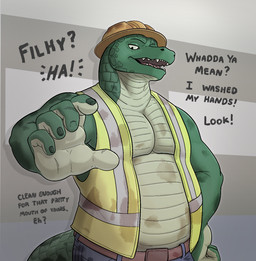anthro armor construction_worker dialogue hard_hat headgear helmet looking_at_viewer male simple_background solo suggestive suggestive_dialogue suggestive_look aitch alligator alligatorid crocodilian reptile scalie hi_res