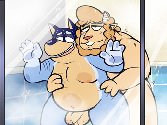 against_surface anal anal_penetration anthro arm_hair balls bathing beard belly blue_body blue_fur body_hair chest_hair duo facial_hair fog fur genitals hairy_balls half-erect horn humanoid_genitalia humanoid_penis male male/male multicolored_body multicolored_fur on_glass overweight overweight_male penetration penis realistic_penis_size sex shower shower_sex showering small_penis wet wet_body wet_fur yellow_body yellow_fur janjauwu bluey_(series) bandit_heeler oliver_baaple australian_cattle_dog bovid canid canine canis caprine cattledog domestic_dog herding_dog mammal pastoral_dog sheep absurd_res hi_res