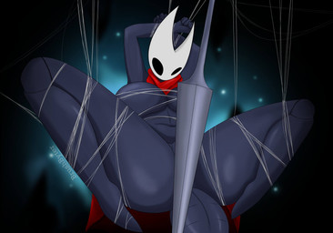 2_horns anthro arthropod_abdomen big_breasts biped black_body black_eyes bound breasts cloak cloak_only clothing empty_eyes entangled female horn hornet's_needle huge_breasts melee_weapon silk solo thread weapon brushbyter hollow_knight_(franchise) team_cherry hornet_(hollow_knight) arachnid arthropod spider 2026 hi_res