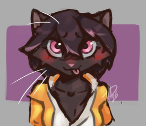 anthro black_body black_fur blush clothing female fur hair jacket solo tongue tongue_out topwear whiskers hawaiika snowflake_(cdt2s) domestic_cat felid feline felis mammal low_res