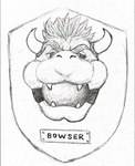 2_horns anthro award ball_gag eyebrows gag gagged hair horn male name_plate solo teeth trophy trophy_head omeggaomelette mario_bros nintendo bowser koopa scalie 2024 hi_res sketch traditional_media_(artwork)