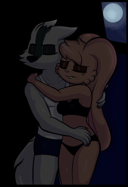 anthro buckteeth clothing comforting_another dark_room duo eyes_closed female floppy_ears freckles hug inside male male/female moon night sad tail teeth blackmore blair_(blackmore) rodolfo_sanchez canid canine canis domestic_rabbit fox iberian_wolf lagomorph leporid mammal oryctolagus rabbit wolf absurd_res hi_res