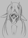 bodily_fluids dripping drooling eyeball fangs female grey_background hair hair_over_eyes horn humanoid_pointy_ears long_hair not_furry open_mouth open_smile pointy_ears saliva saliva_drip saliva_string simple_background smile teeth tooth_gap yxxzoid dasi_(yxxzoid) demon demon_humanoid humanoid absurd_res greyscale hi_res monochrome gynomorph_(lore) trans_(lore) trans_woman_(lore)