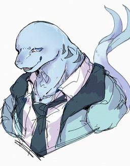 accessory anthro bald blue_body blue_clothing blue_eyes blue_jacket blue_topwear clothing collared_shirt fin gills jacket looking_at_viewer male necktie open_mouth pink_tongue shirt solo tail tail_fin tongue topwear white_dress_shirt ao_gravity utau laru_mine aquatic fish shark absurd_res hi_res