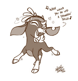 2_horns clothing cloven_hooves dialogue drunk eyes_closed facial_hair female feral goatee hair headgear headkerchief headwear hooves horn kerchief notched_ear open_mouth open_smile quadruped simple_background singing smile solo substance_intoxication tail text toony upside_down white_background nekostar them's_fightin'_herds shanty_(tfh) bovid caprine goat mammal 2023 digital_drawing_(artwork) digital_media_(artwork) english_text monochrome signature